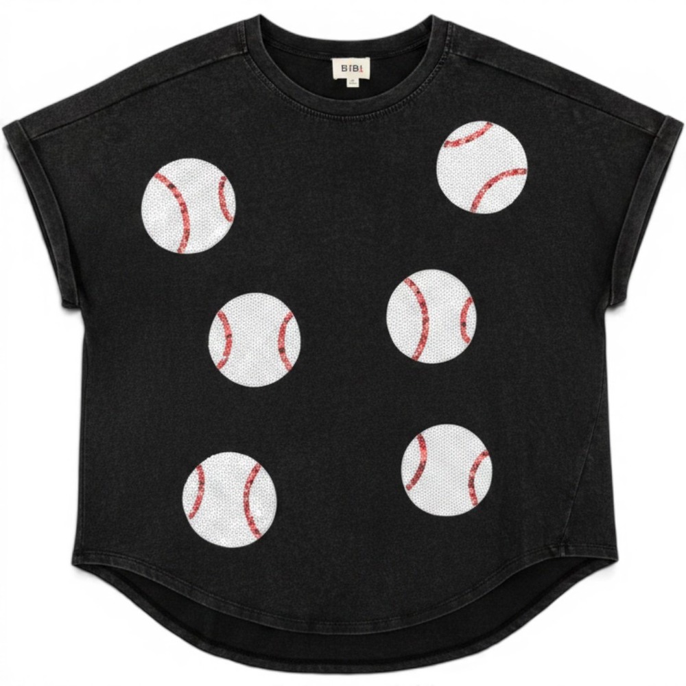 BiBi Womens Sequin Baseball Mineral Wash Baseball Sequin Top‎ Black Small